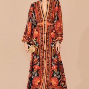 Nature Beauty Red Scarf Long Sleeve Maxi Dress {Farm Rio} —NWT